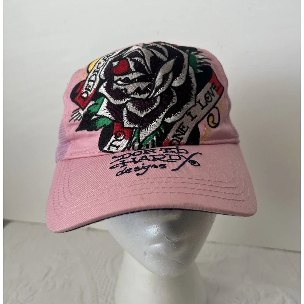 VTG Y2K Ed Hardy Hat Cap Snap Back Mesh Trucker Pink Dedicated Tattoo Denim